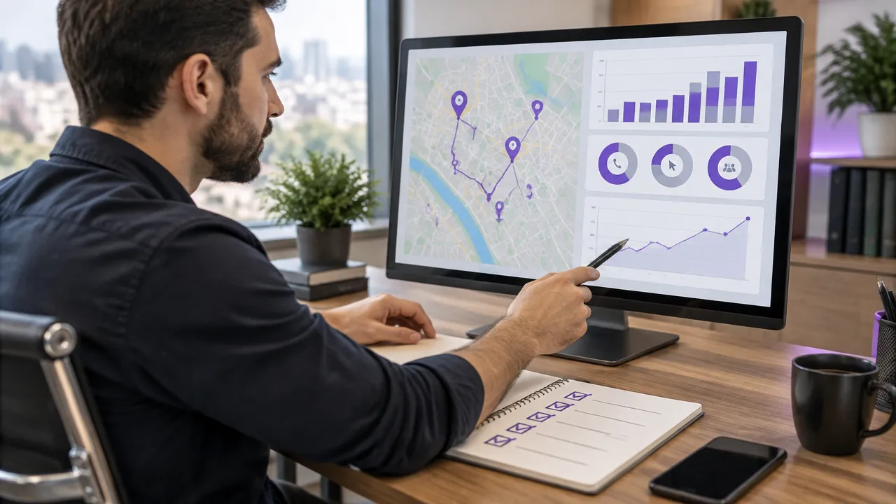 Consultor analisa mapa local e métricas de chamadas, cliques e rotas durante uma auditoria de SEO