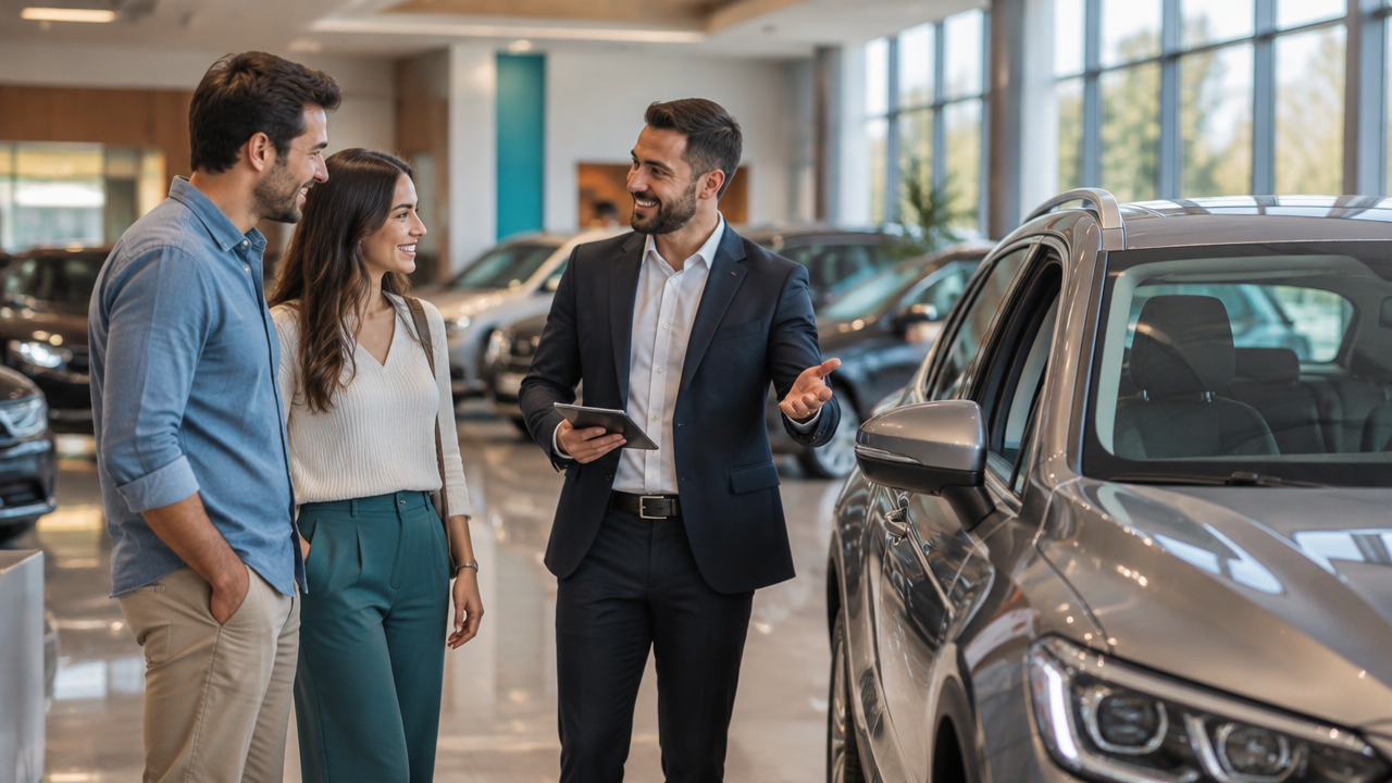 Consultor apresenta um carro seminovo a clientes em uma concessionária organizada