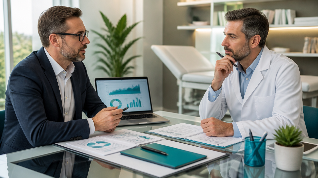 Consultor de BPO financeiro apresentando soluções a um médico gestor em uma clínica moderna