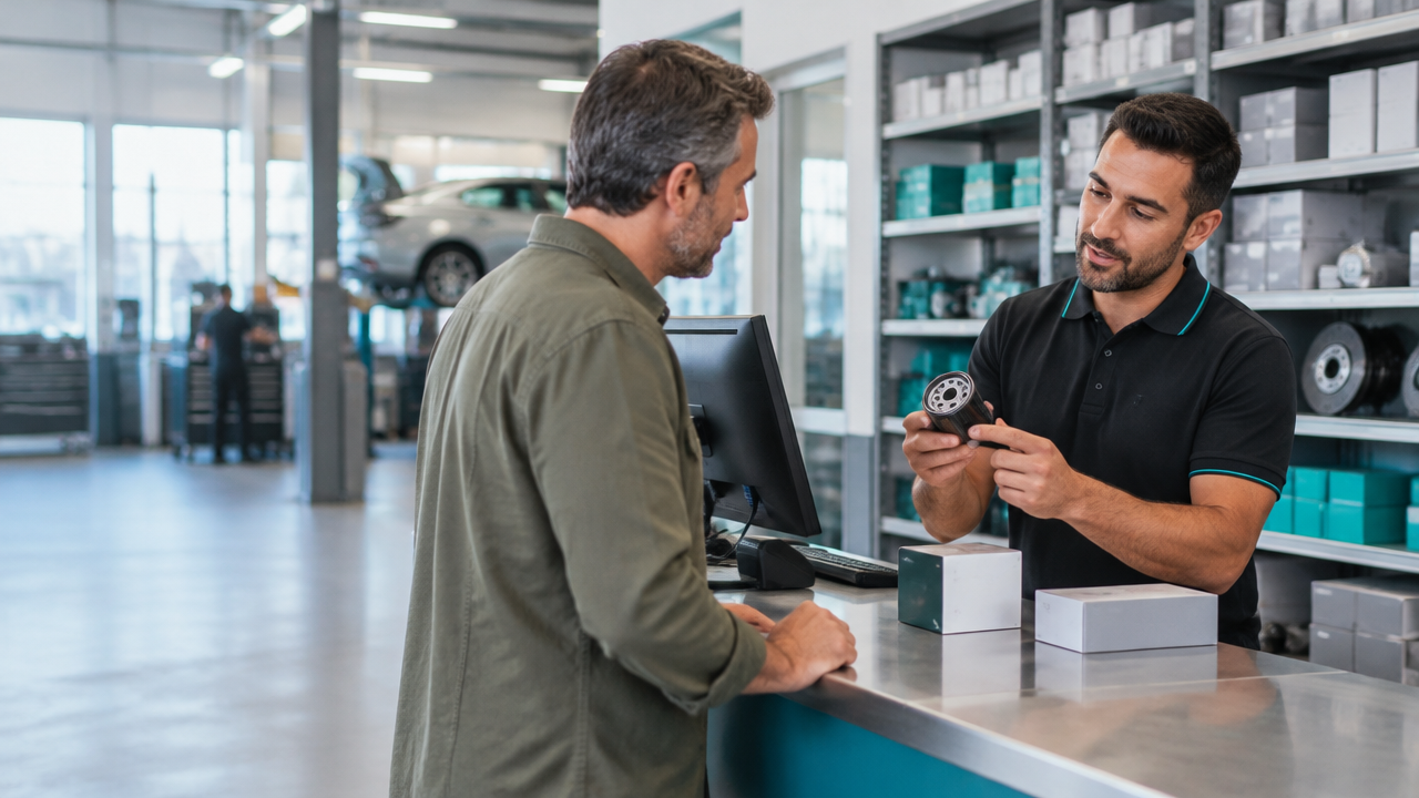 Consultor de concessionária apresenta uma peça automotiva a um cliente no balcão