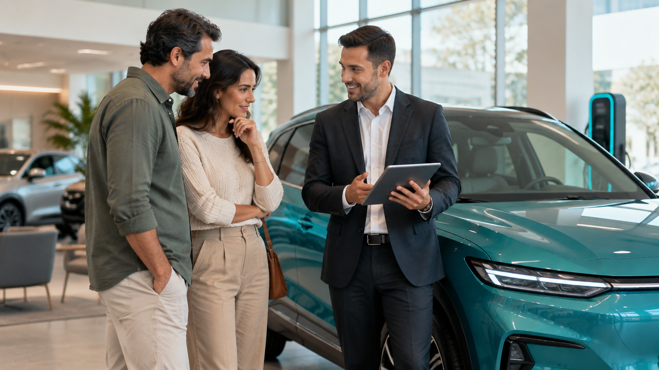 Consultor de concessionária conversa com clientes sobre um carro elétrico antes da compra.