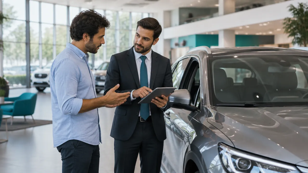 Consultor de concessionária ouvindo cliente interessado em alternativas de uso de um veículo