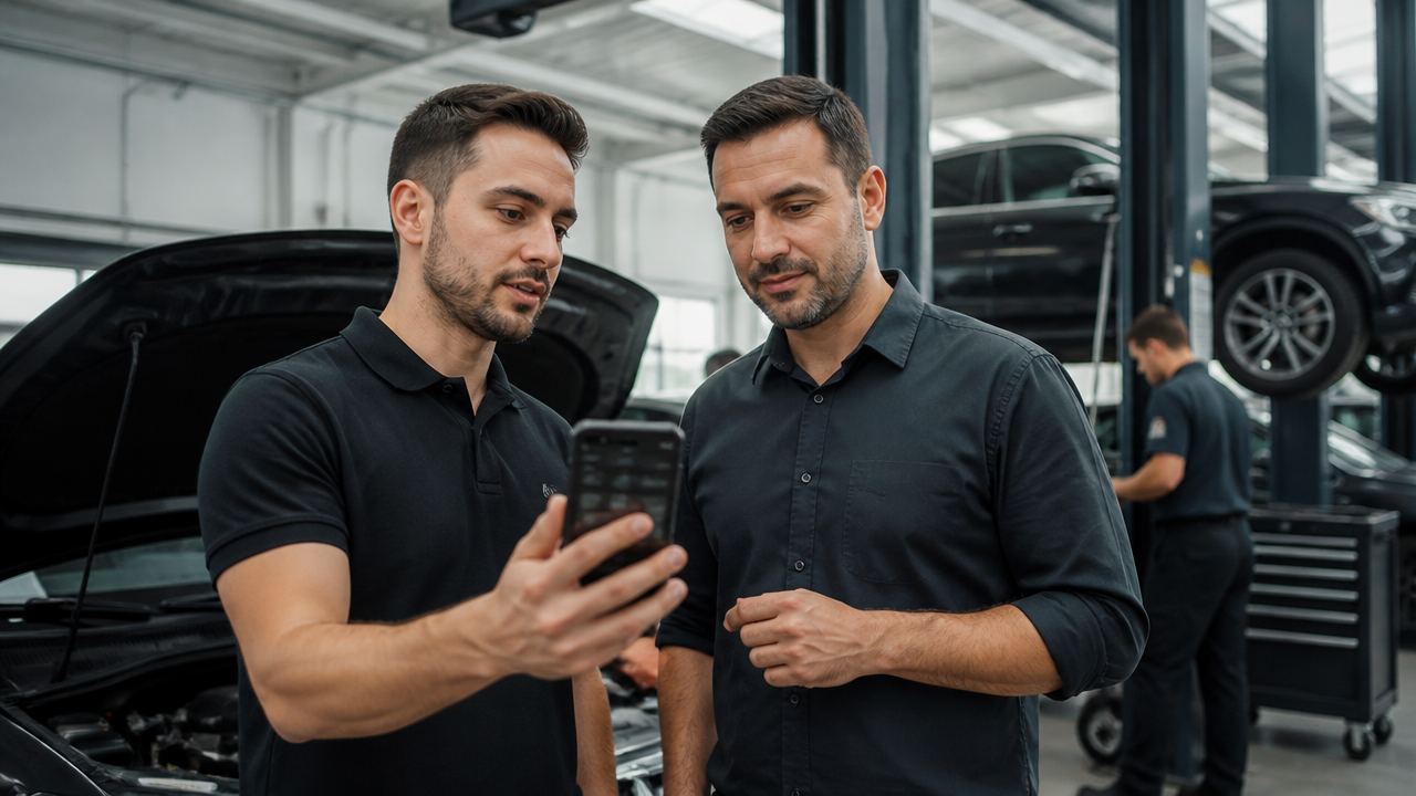 Consultor de oficina mostrando o celular com rede social para cliente em oficina mecânica moderna