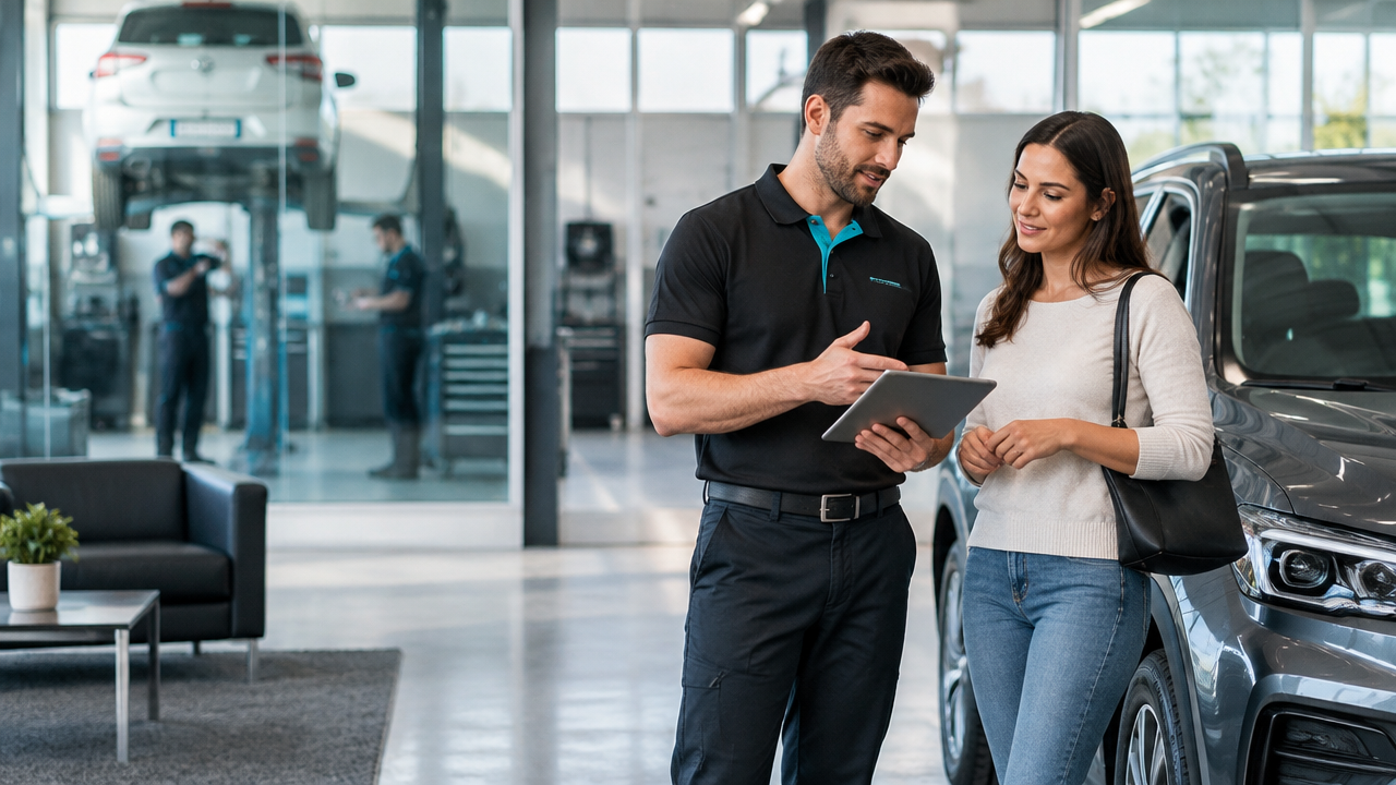 Consultor de serviços conversa com uma cliente junto ao carro na recepção organizada de uma oficina