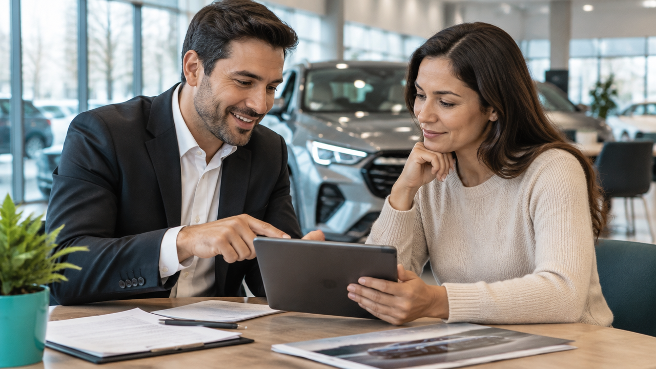 Consultor e cliente analisam juntos uma simulação de financiamento automotivo