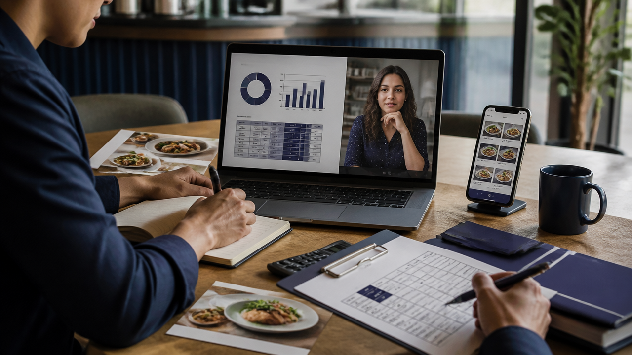 Consultor e gestor analisando cardápio de delivery com notebook, relatórios e videochamada em ambiente profissional.