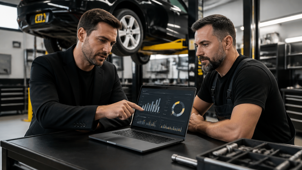 Consultor e gestor de oficina analisando anúncios digitais em notebook dentro de oficina automotiva