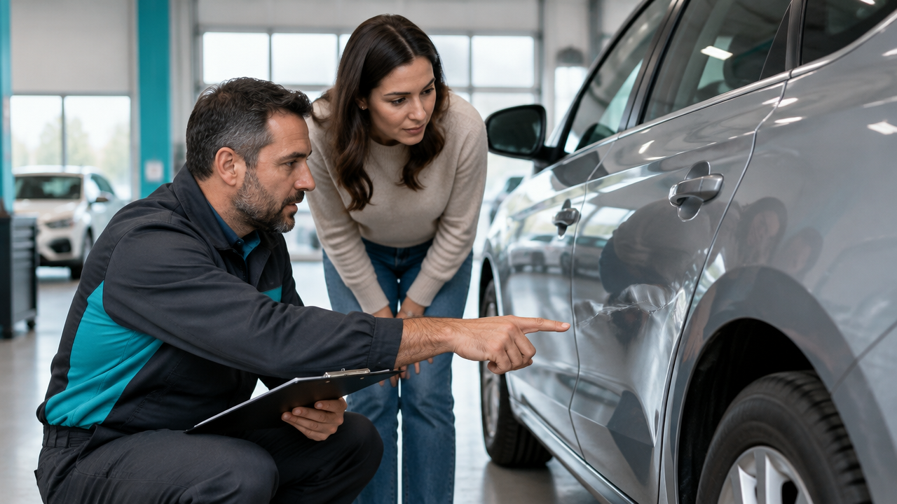 Consultor explica à motorista a avaliação de um amassado na lateral do veículo