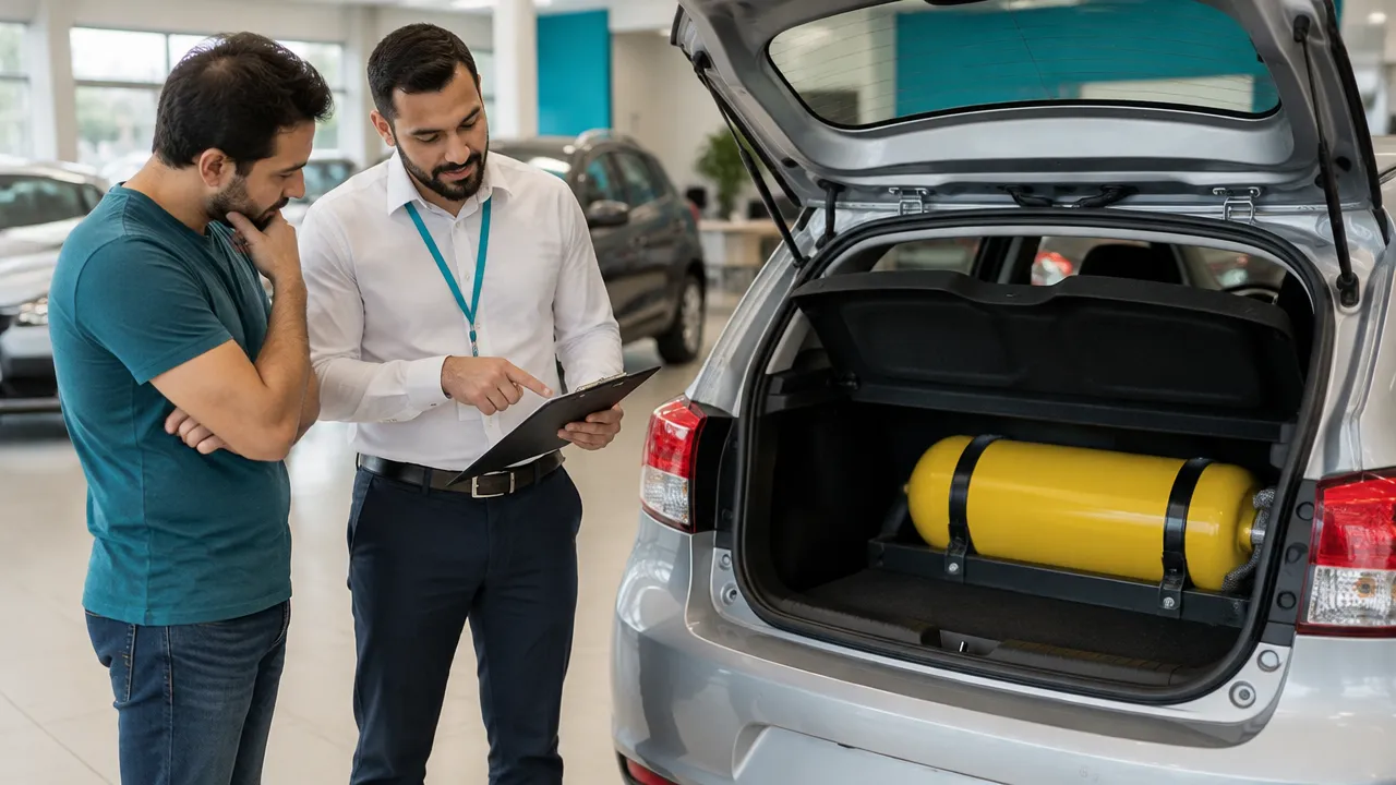 Consultor explica a um cliente os pontos de inspeção de um seminovo equipado com GNV