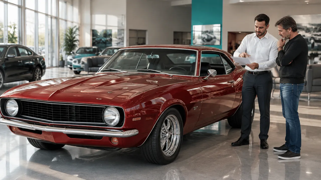 Consultor explica as características de um carro clássico a um cliente em showroom