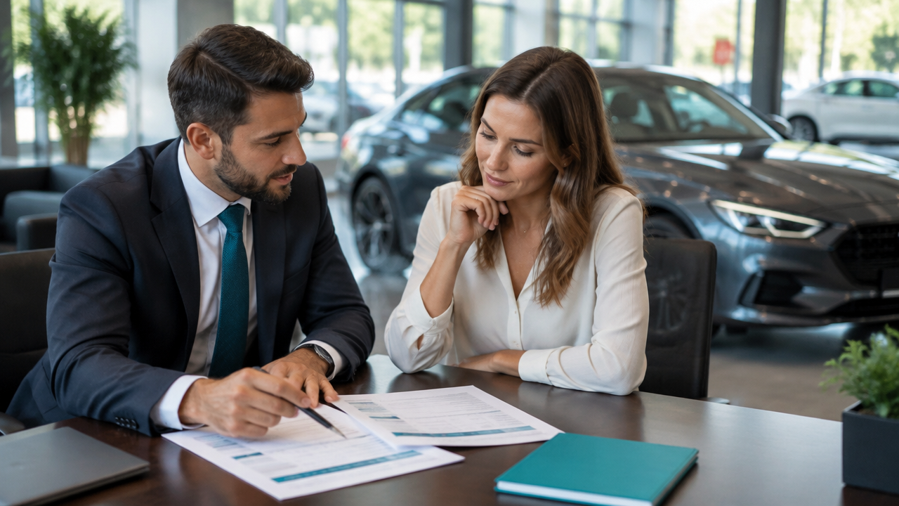 Consultor explica custos e financiamento de um carro importado a uma cliente na concessionária