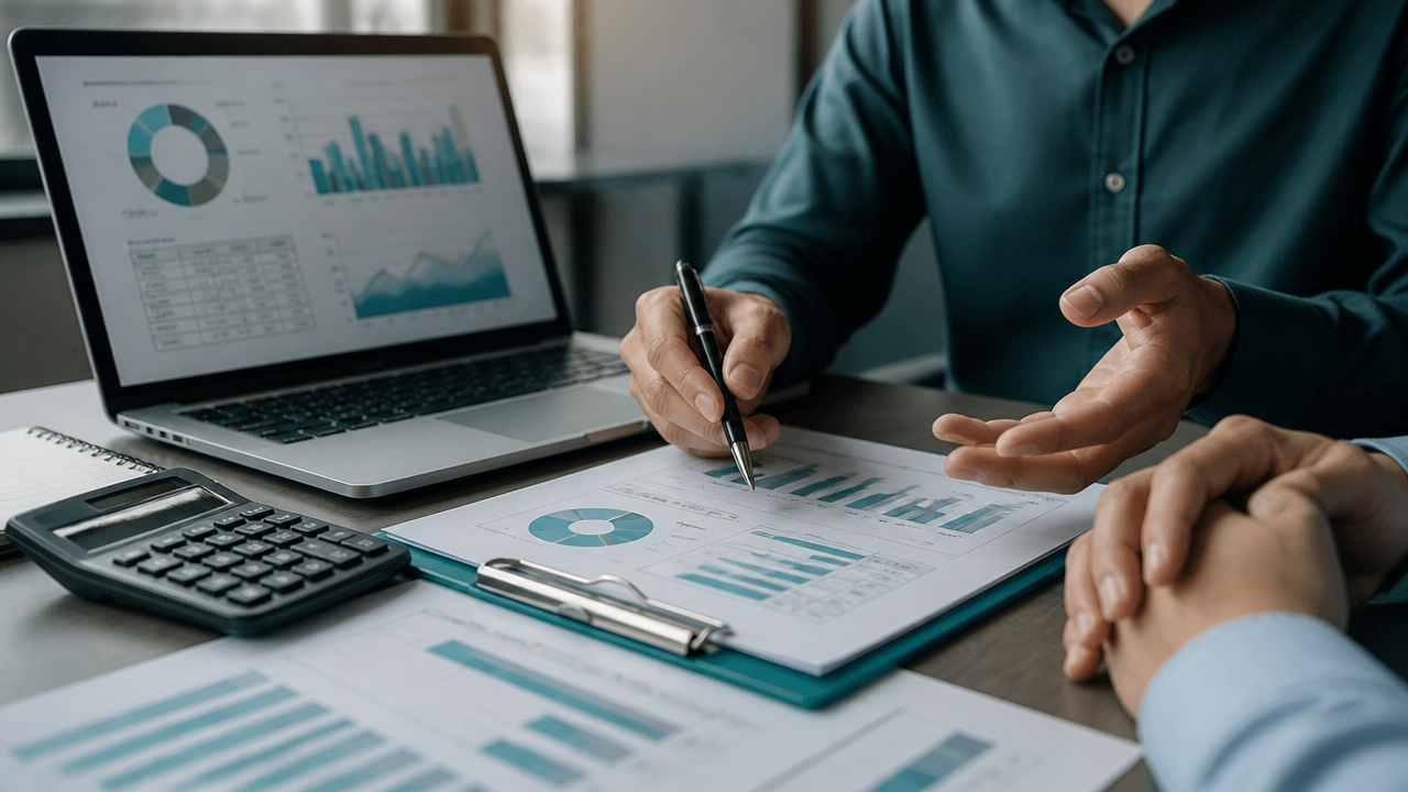 Consultor explicando números e valor do BPO financeiro sobre mesa com planilhas.