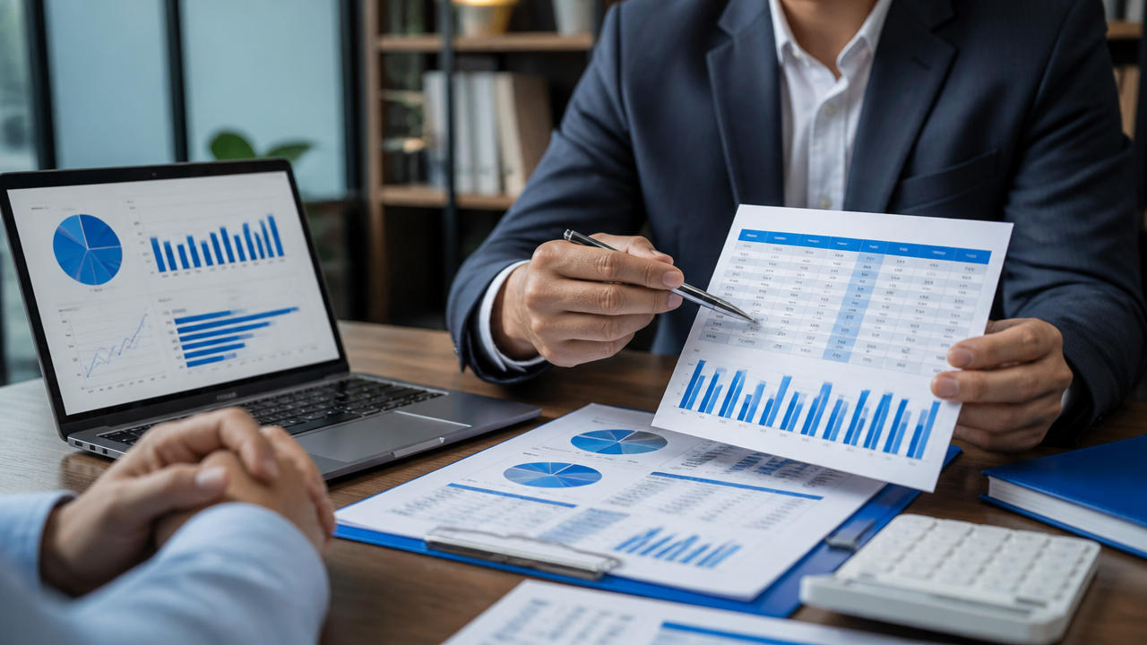 Consultor explicando transição tributária para empresários de serviços em escritório
