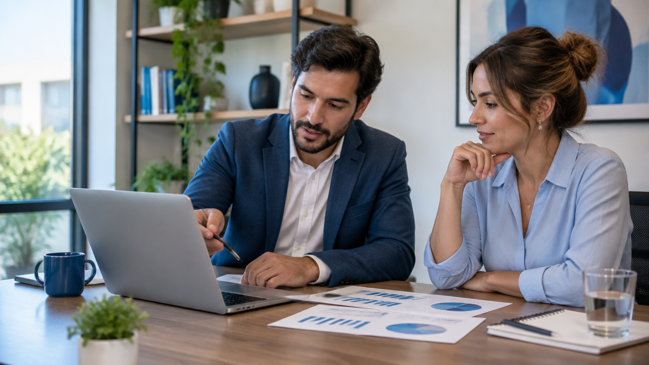 Consultor financeiro autônomo conversa com empreendedora sobre honorários e fluxo de caixa