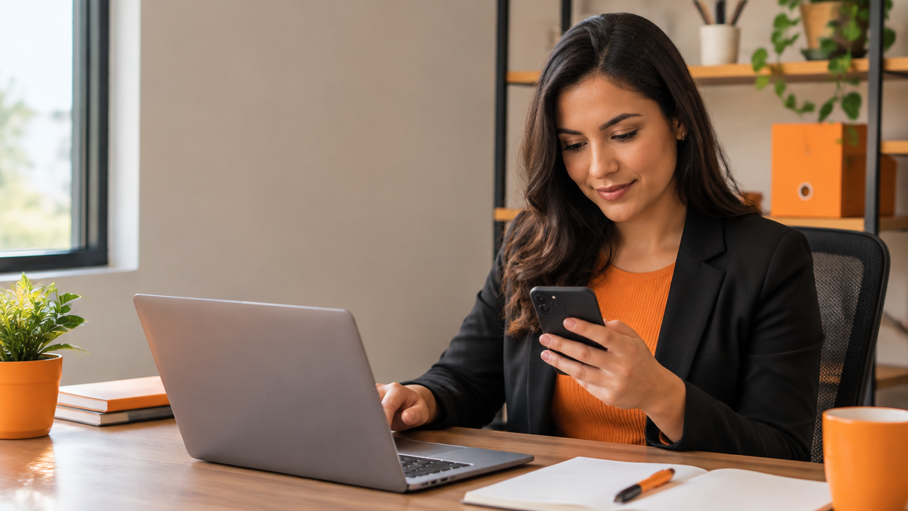 Consultora comercial revisando uma proposta de internet e uma conversa no celular antes de retomar contato com um cliente
