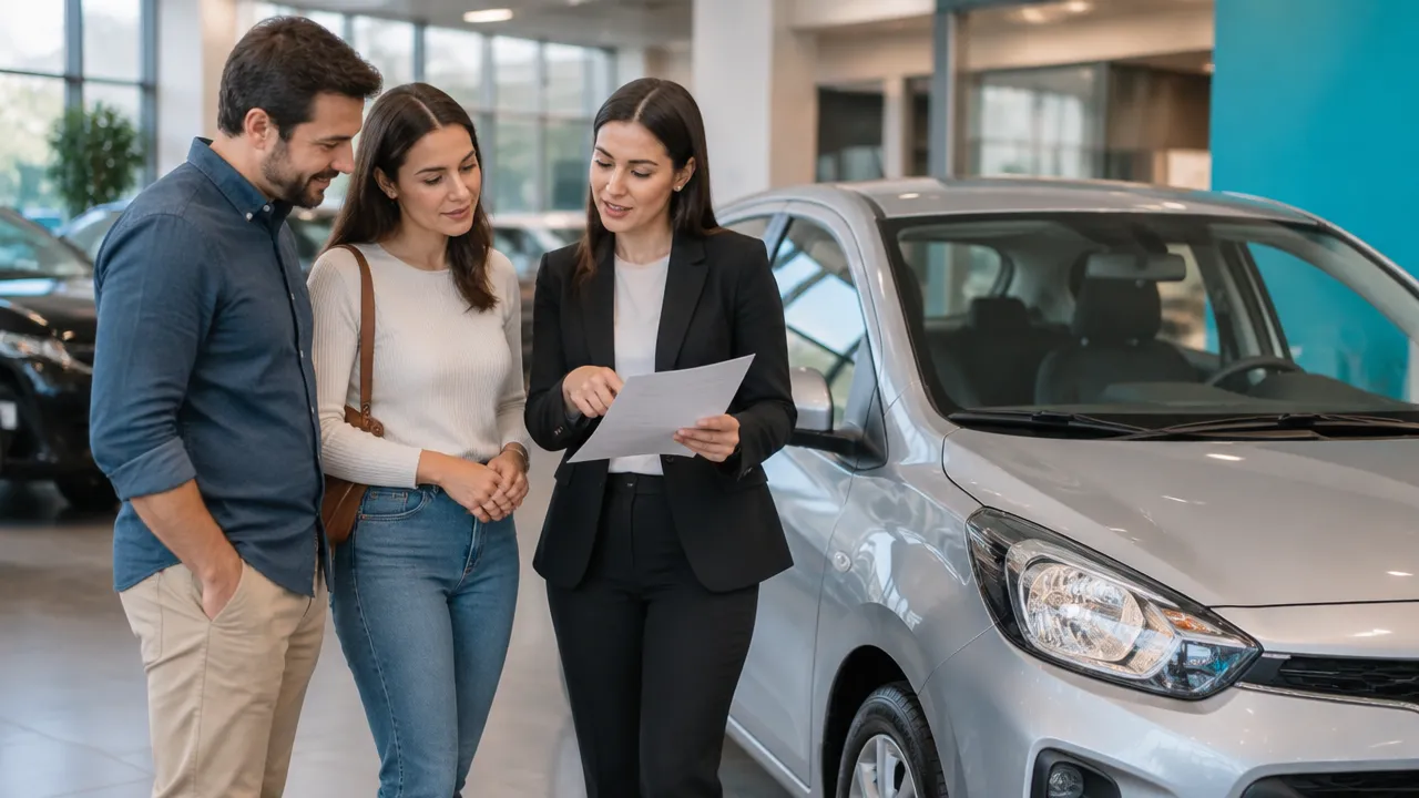 Consultora conversa com clientes para entender o uso e o orçamento antes de indicar um carro compacto