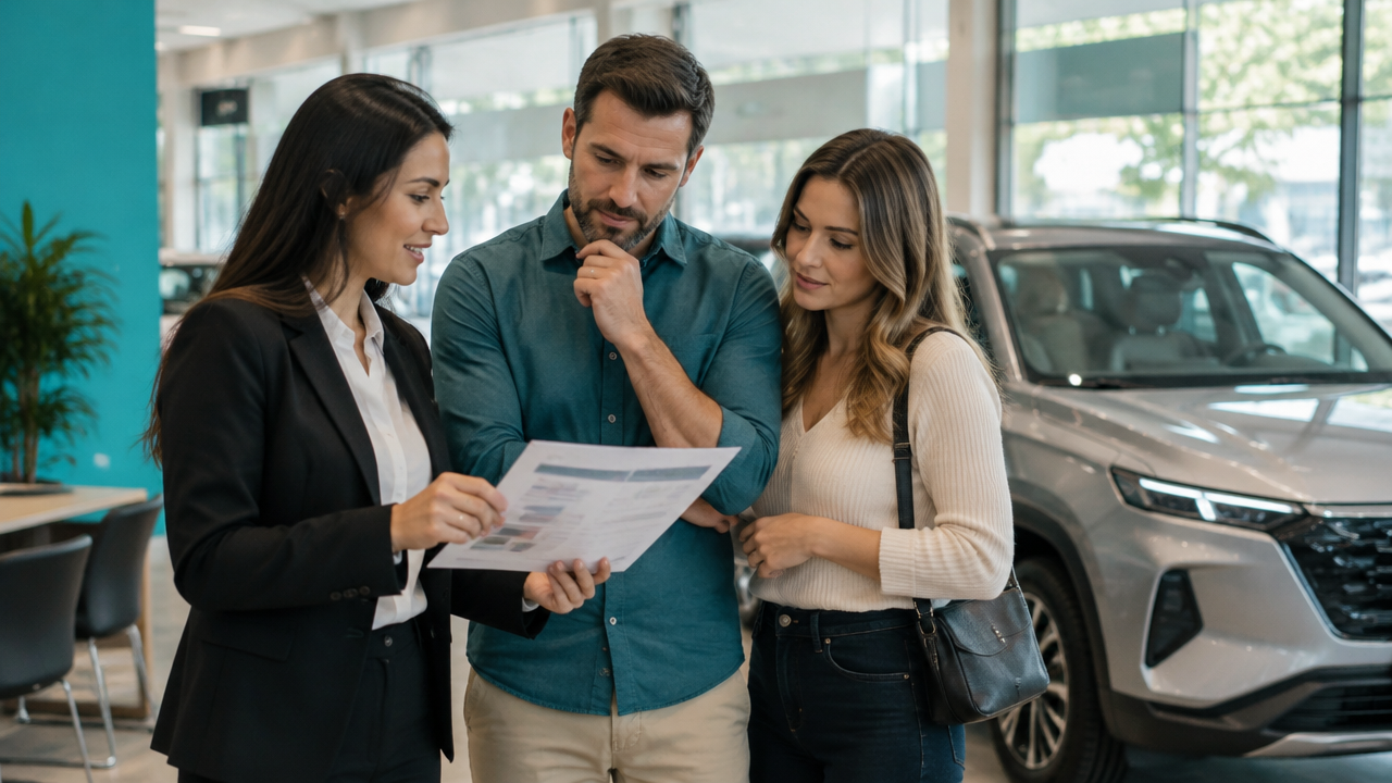 Consultora de concessionária explica opções de carro híbrido a clientes junto a um SUV sem marca