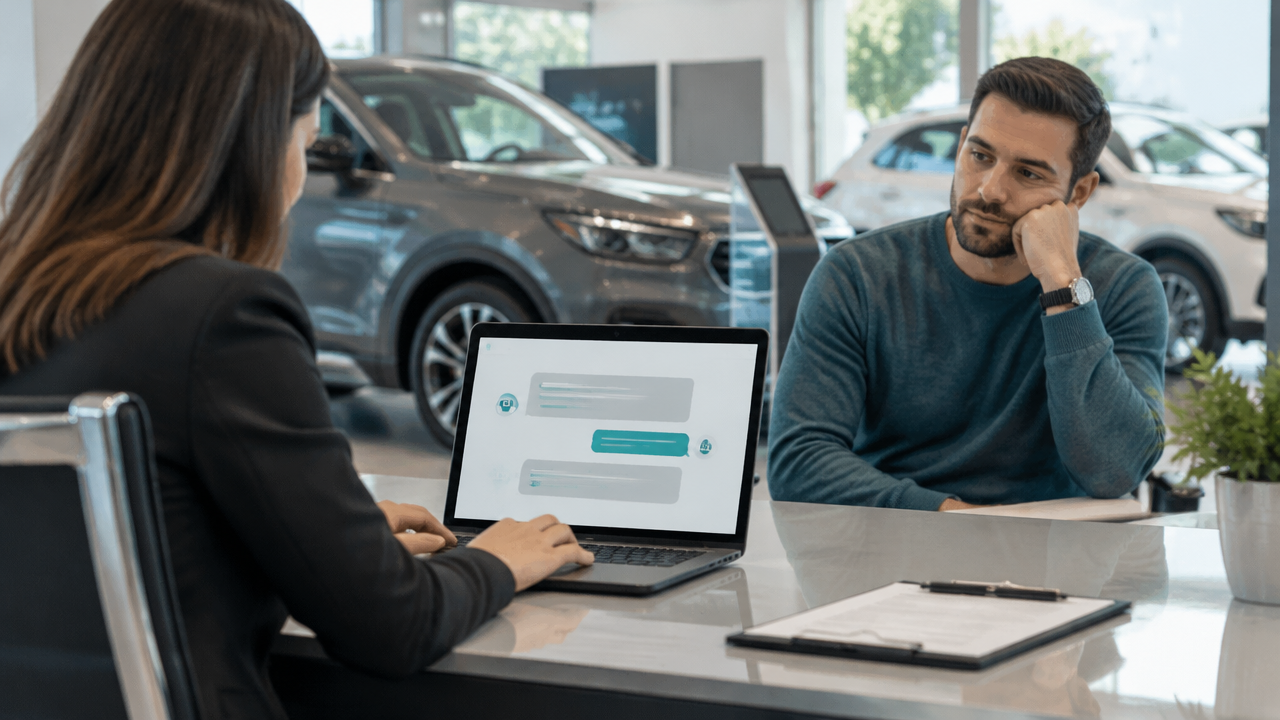 Consultora de concessionária observa um chatbot em um laptop enquanto um cliente aguarda atendimento