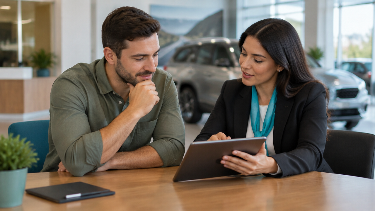 Consultora de F&I apresenta alternativas de pagamento a um cliente em conversa de atendimento.