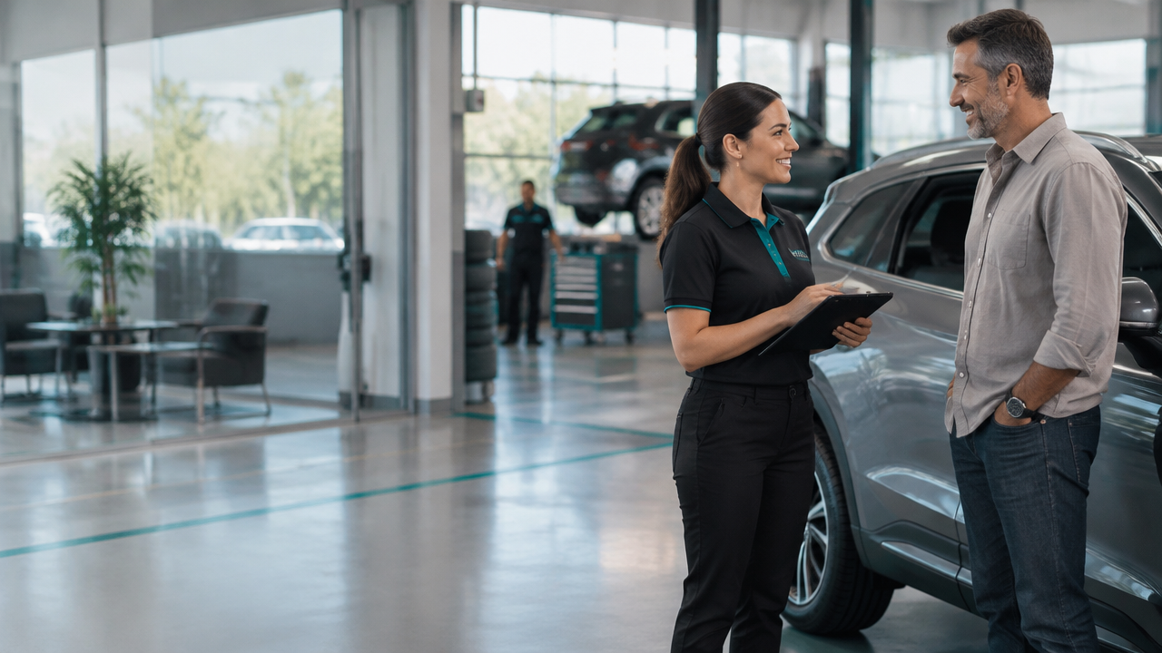 Consultora de pós-venda conversa com cliente ao lado de um carro em uma concessionária
