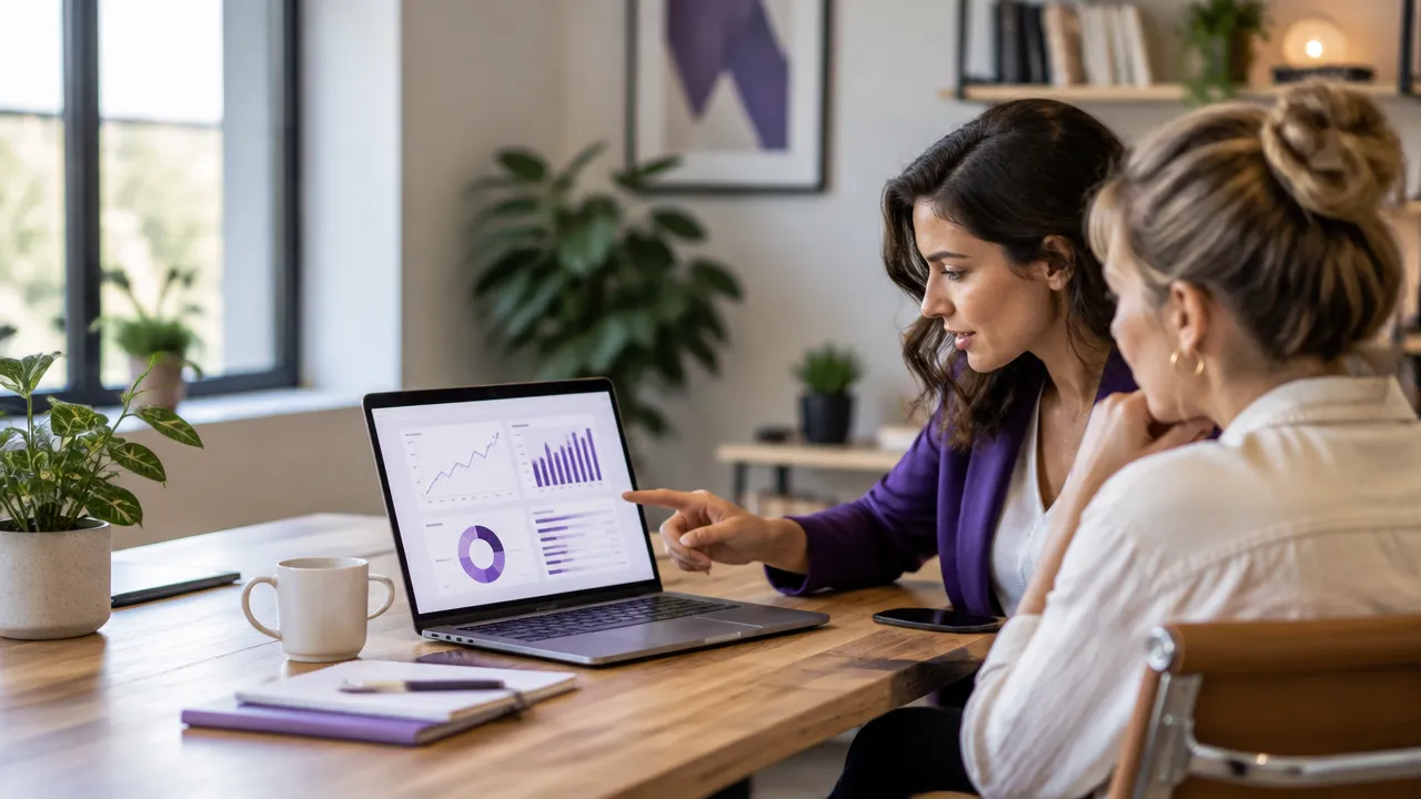 Consultora de SEO e empreendedora analisam dados de desempenho de um blog em um laptop.