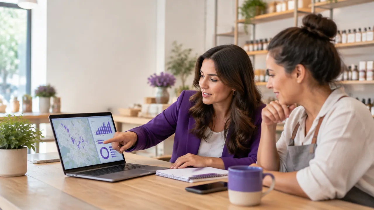Consultora de SEO e proprietária de negócio local analisam resultados de busca e um mapa da região em um laptop