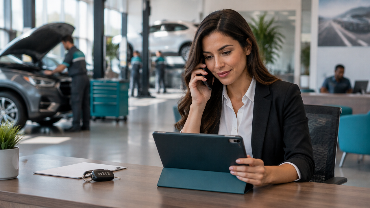 Consultora de serviços acompanha por telefone um cliente após enviar o orçamento da oficina
