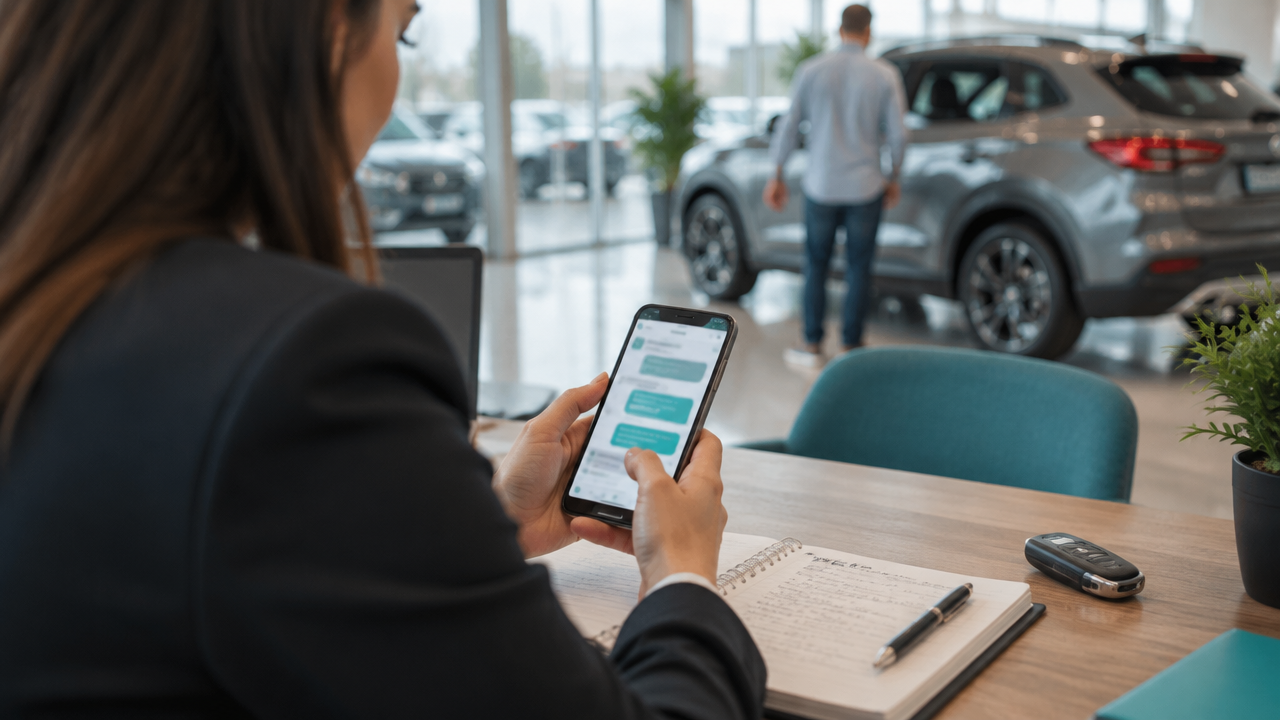 Consultora de vendas acompanha no celular uma conversa com cliente em showroom de concessionária