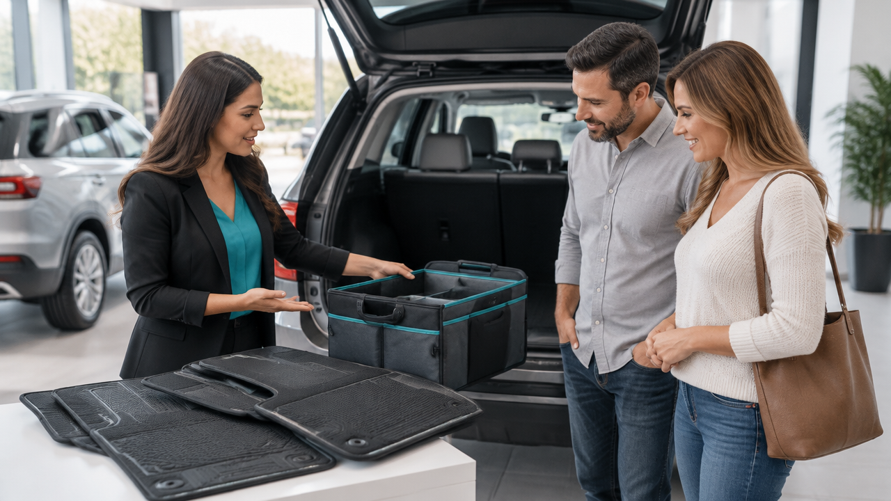 Consultora demonstra acessórios úteis para a rotina de uma família durante a entrega do carro