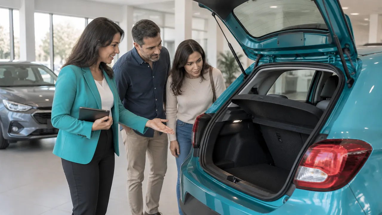 Consultora e clientes avaliam o espaço interno e o porta-malas de um hatch compacto em uma concessionária.