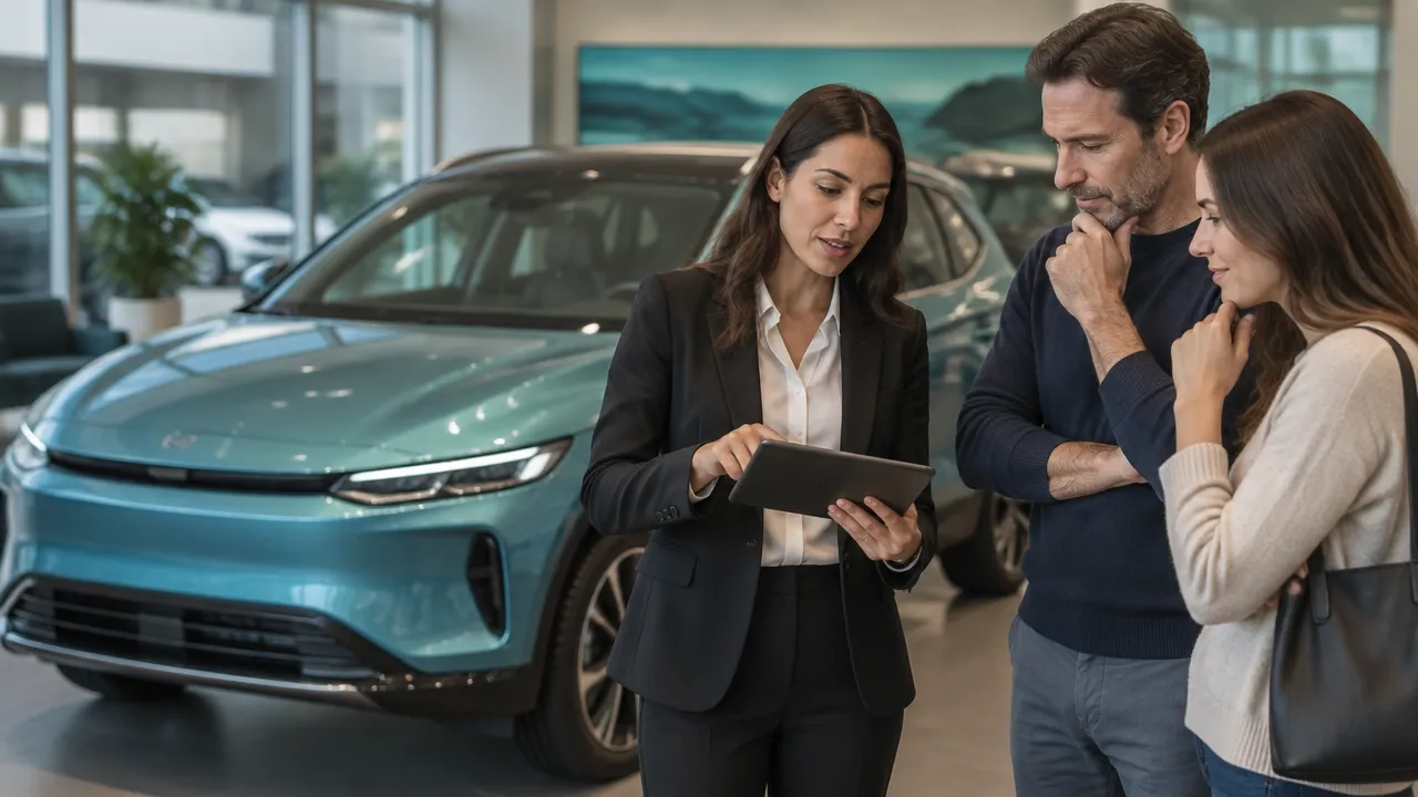 Consultora explica a um casal as características de um crossover em um showroom sem marcas.