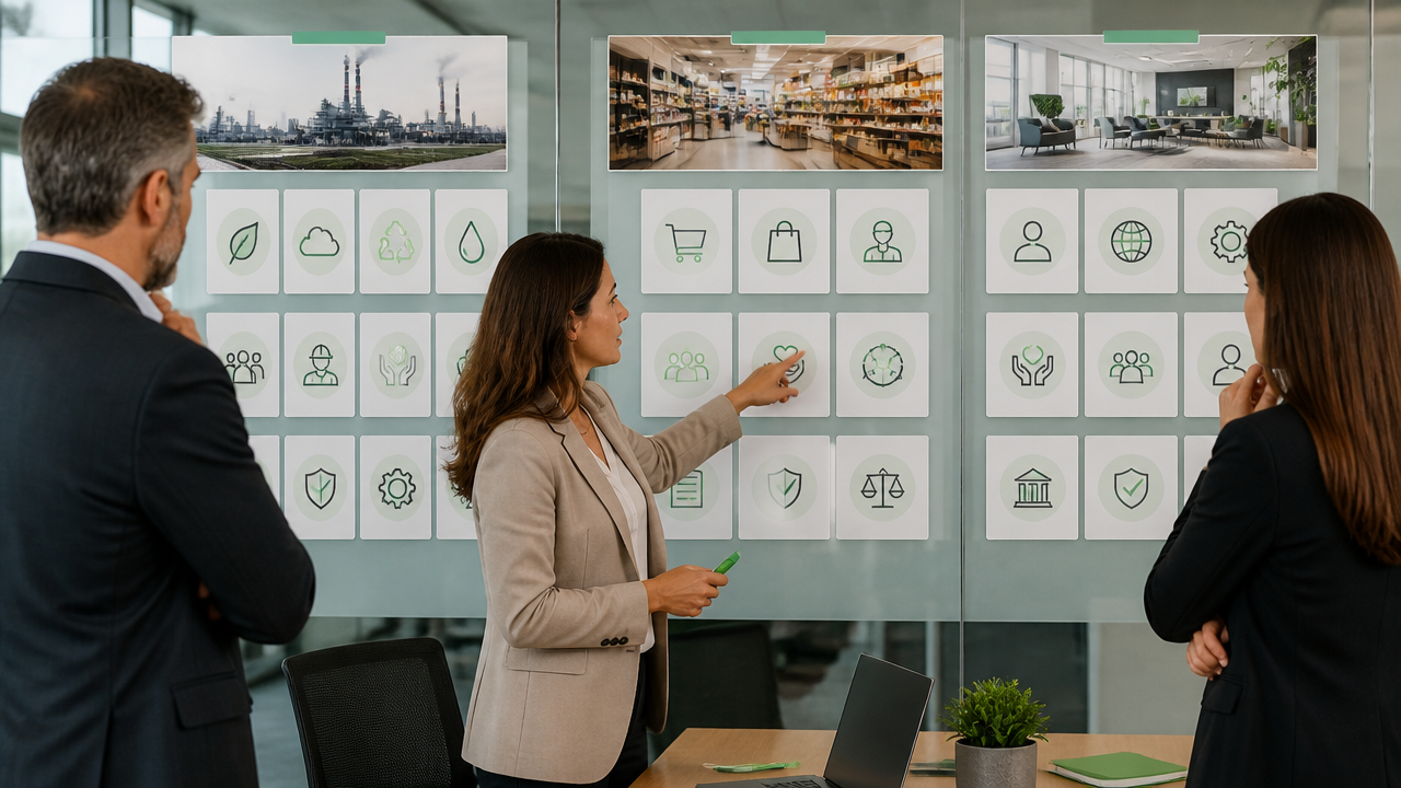 Consultora mostrando como prioridades ESG mudam conforme o setor da empresa