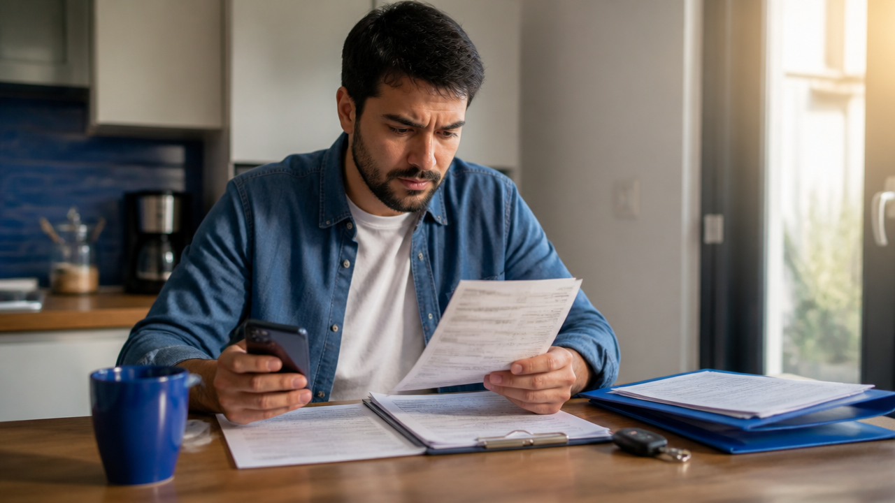 Consumidor analisando contrato de financiamento, boletos e celular em casa