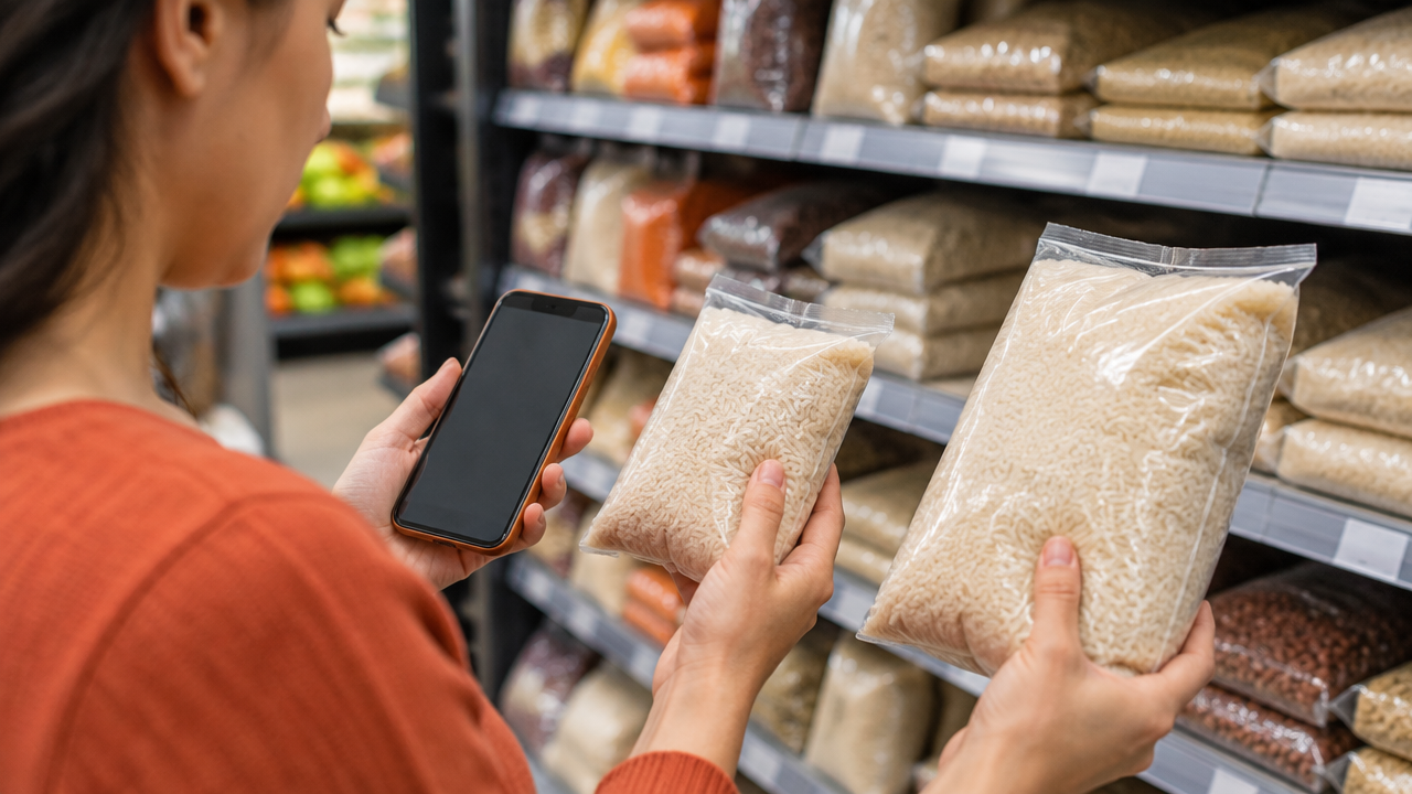 Consumidor compara o preço e o tamanho de embalagens no supermercado