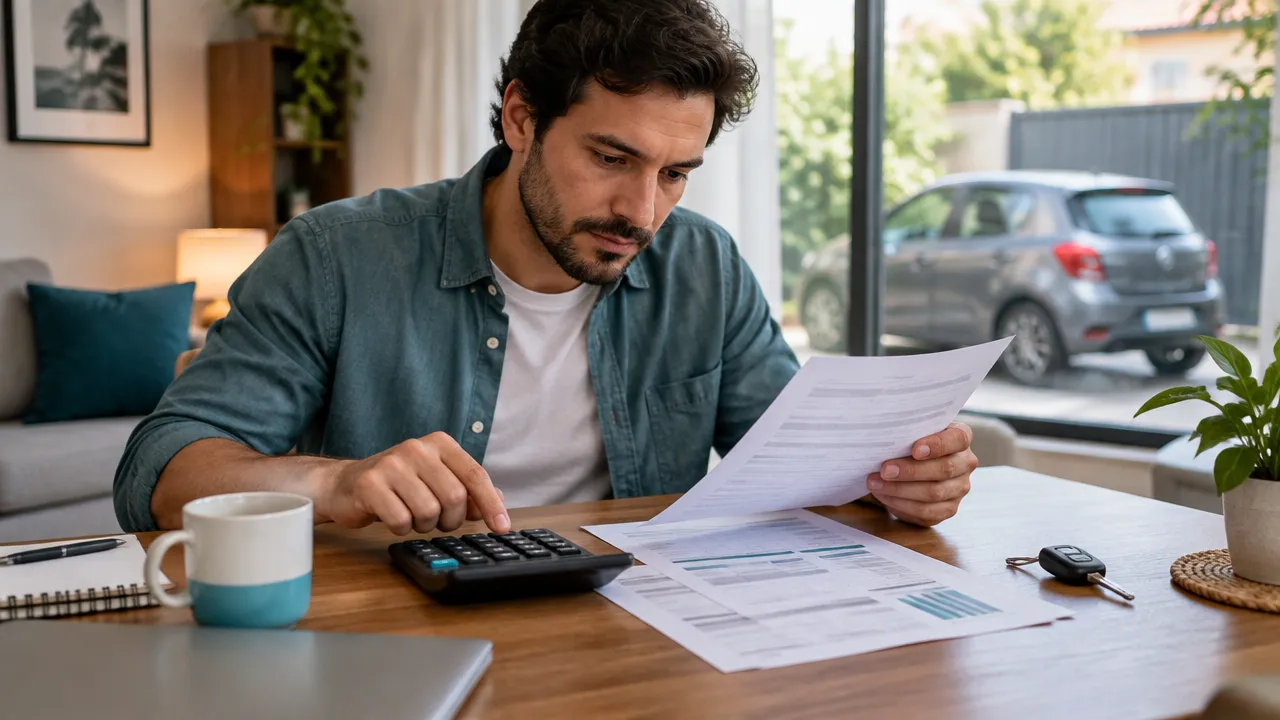 Consumidor comparando despesas e custos de um carro compacto antes da compra