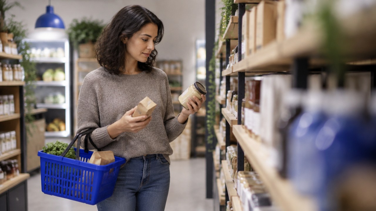 Consumidora compara produtos em um mercado de bairro antes de decidir o que comprar.