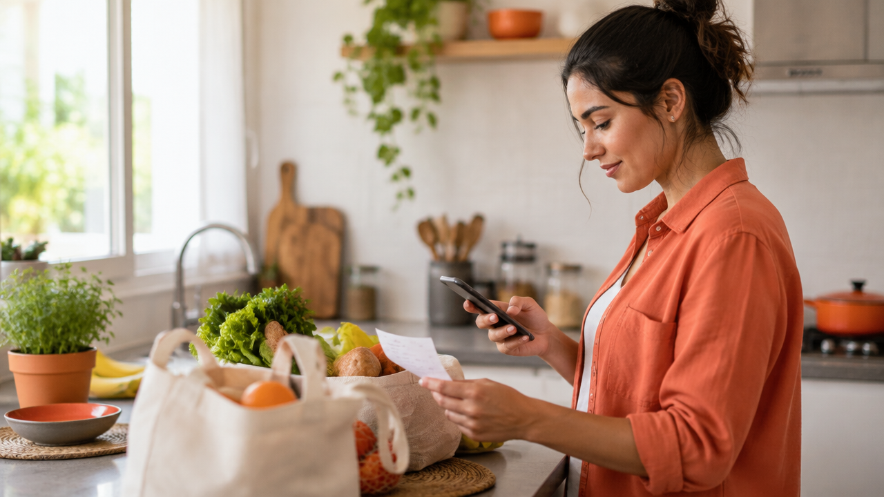 Consumidora compara uma lista de compras manuscrita com preços no celular em uma cozinha.