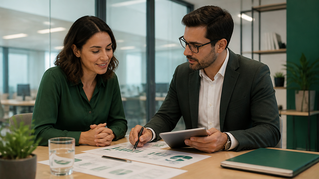 Contador orientando pequeno empresário sobre planejamento financeiro e crédito
