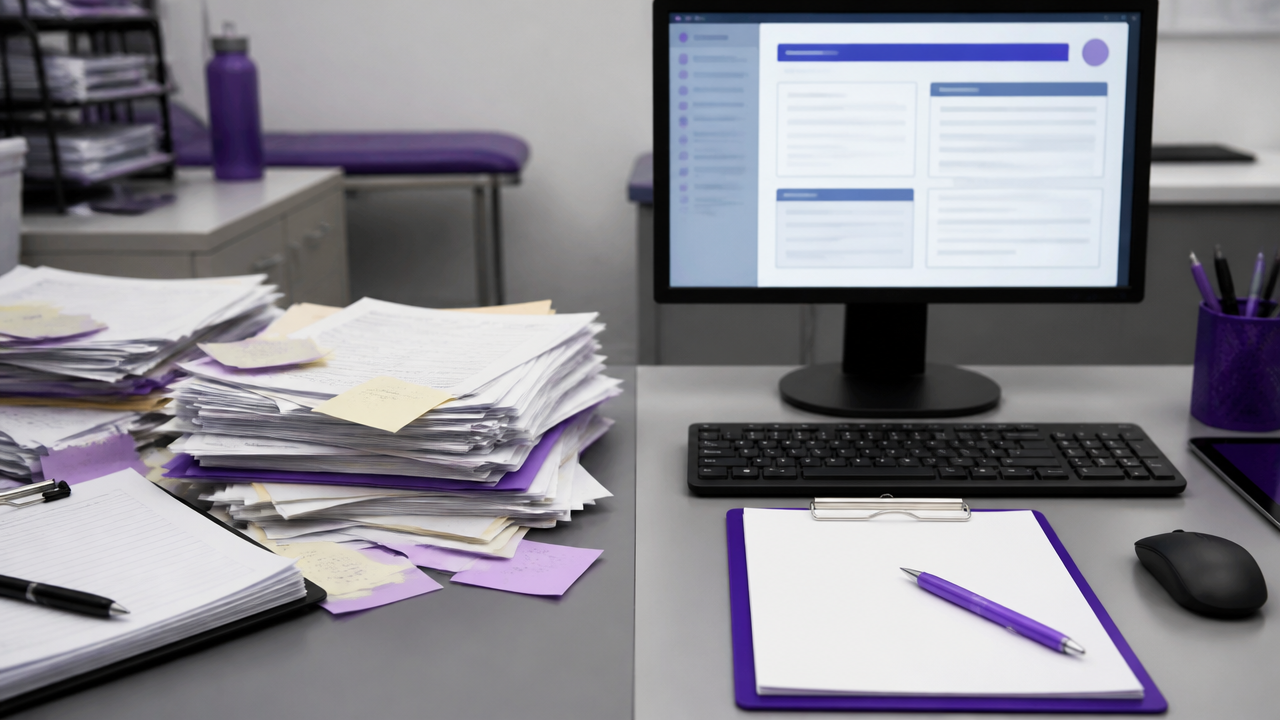 Contraste entre prontuários em papel desorganizados e registro digital estruturado