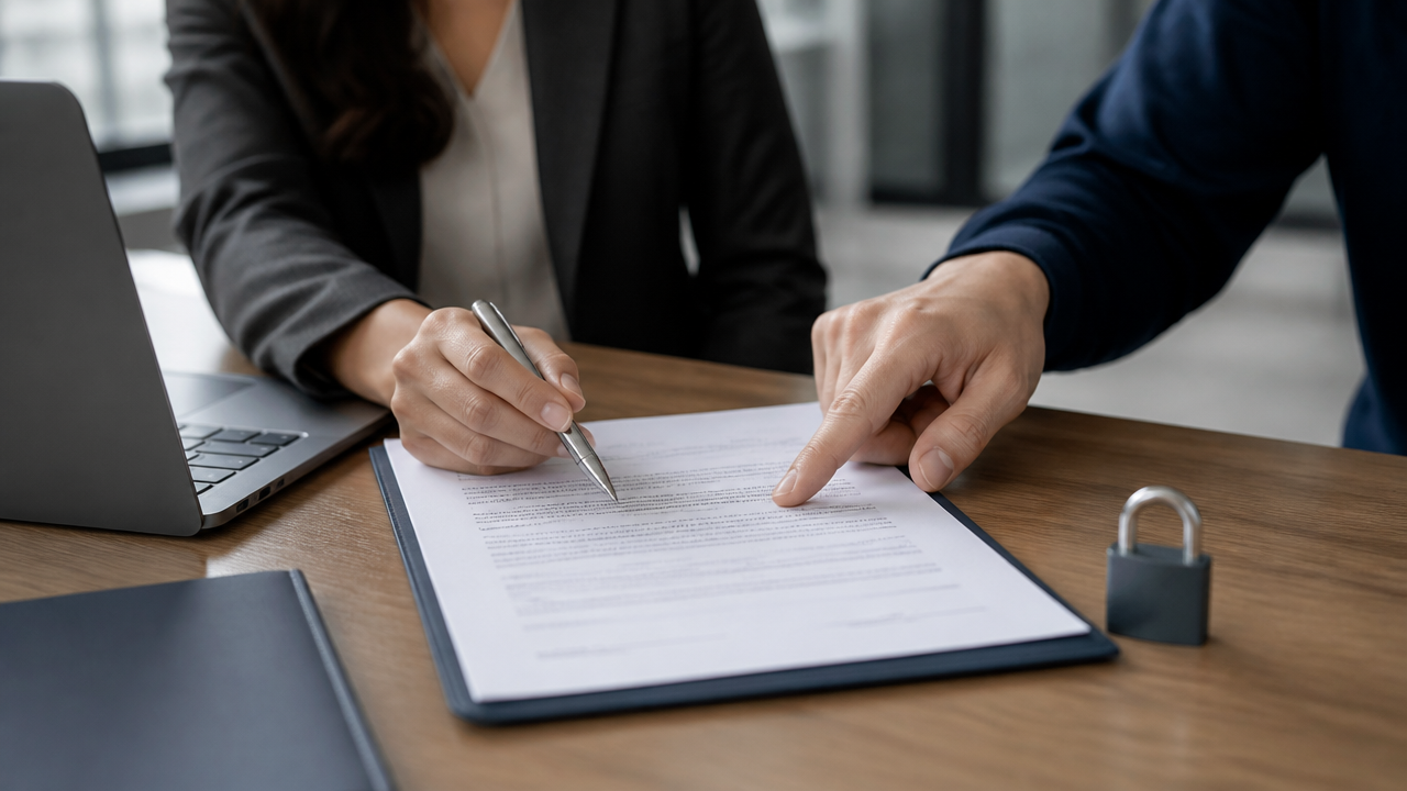 Contrato e notebook usados para definir direitos de propriedade intelectual em projeto digital
