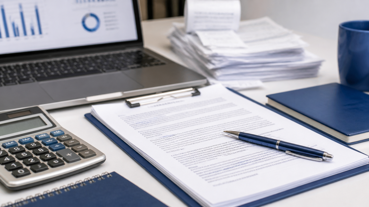 Contrato empresarial sendo revisado ao lado de calculadora e notebook com planilhas.