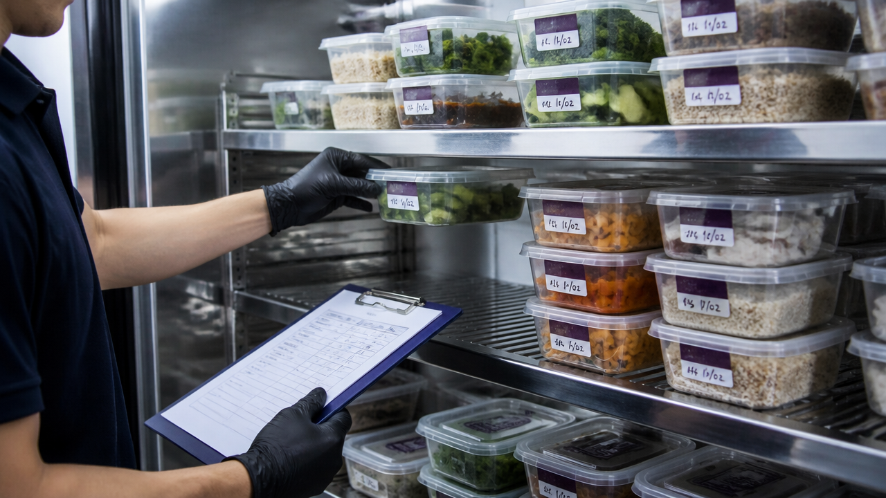 Controle de validade com alimentos etiquetados e organização PEPS em estoque