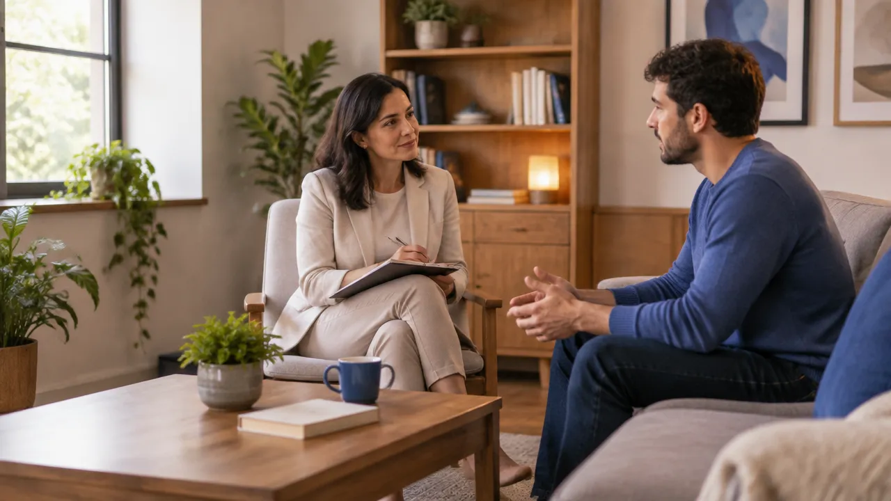 Conversación confidencial entre una persona y una profesional de salud mental en un consultorio acogedor