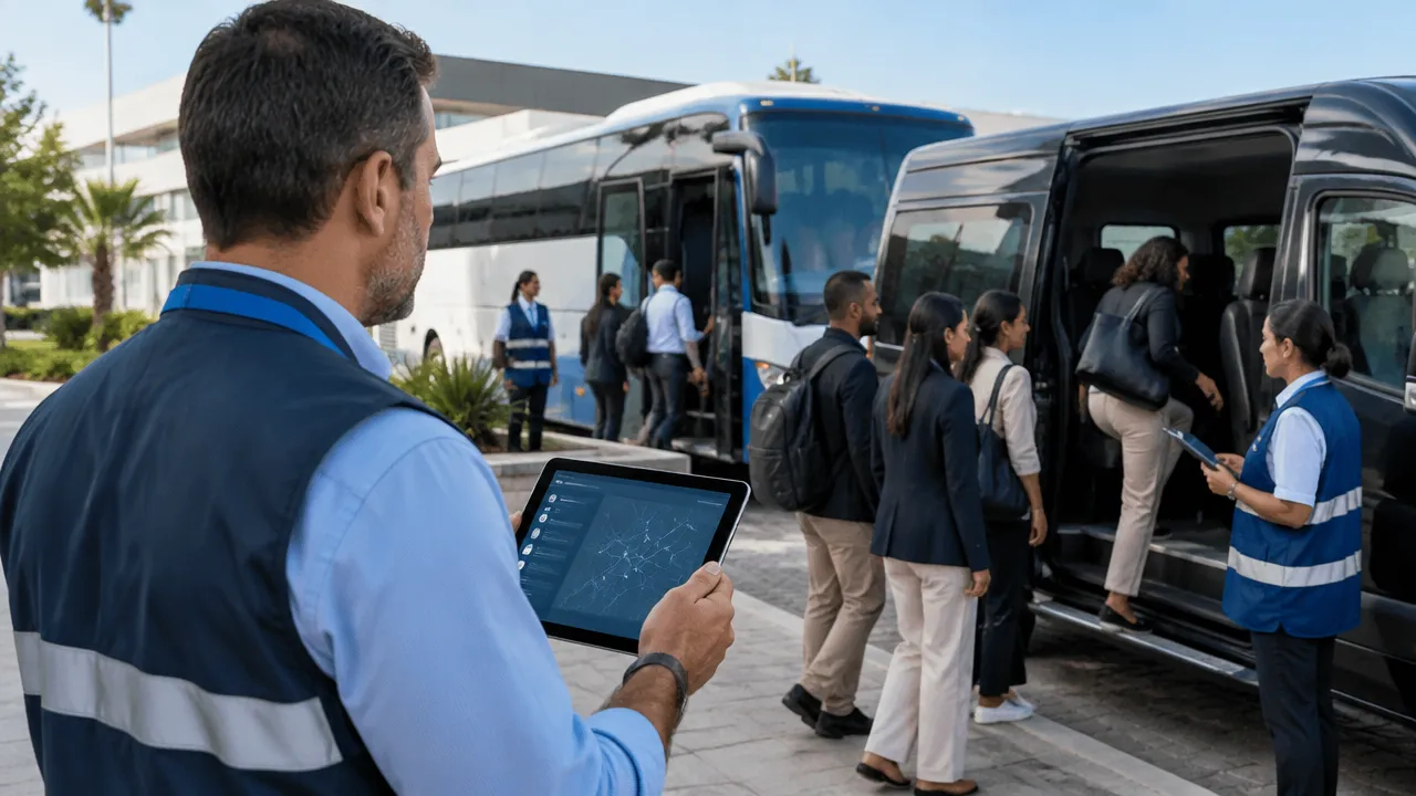 Coordenador acompanha em tablet genérico a conferência de passageiros durante o embarque