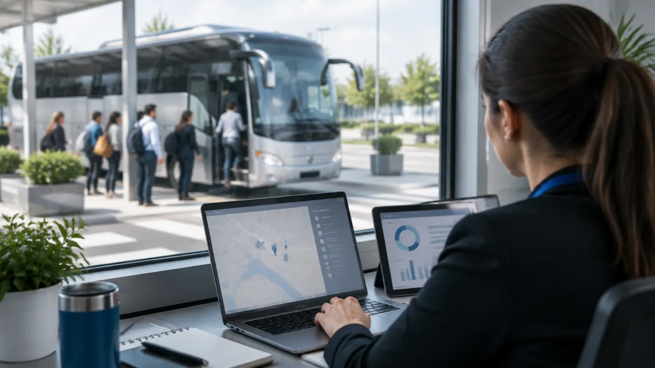 Coordenadora acompanha em dispositivos digitais o embarque organizado de passageiros em um ônibus