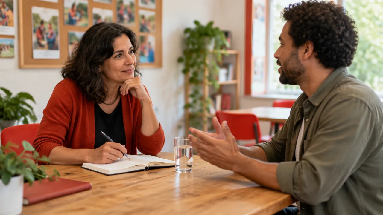 Coordenadora e voluntário conversam sobre disponibilidade, responsabilidades e limites em uma reunião de acompanhamento