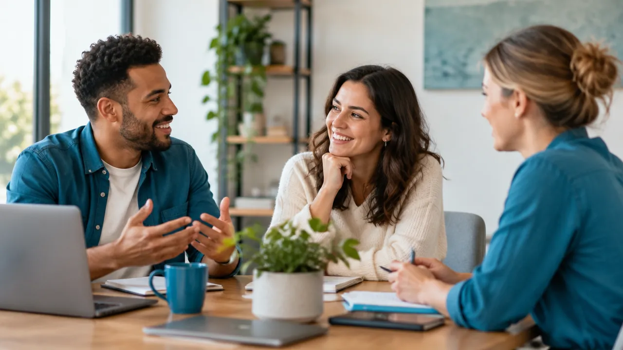 Coworkers acknowledge one another’s contributions in a calm conversation, showing how gratitude can support mutual respect.