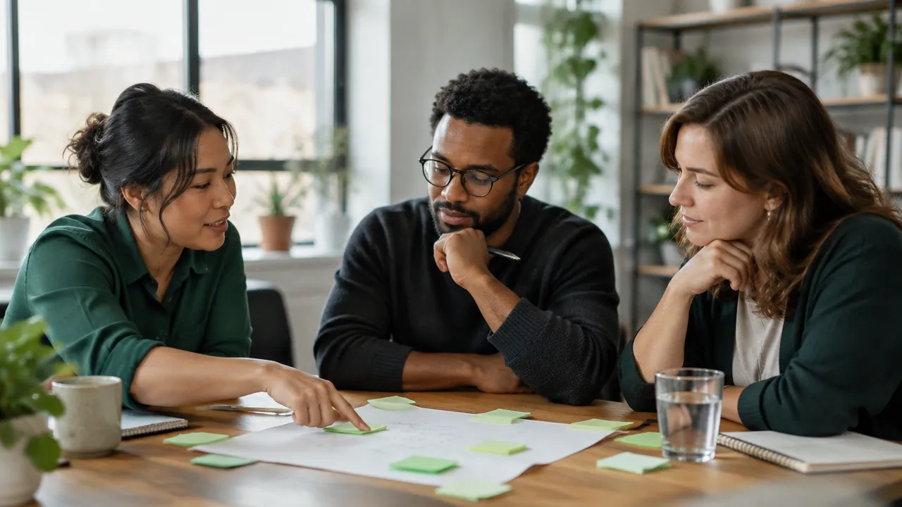 Coworkers discuss a small practical experiment during a period of change
