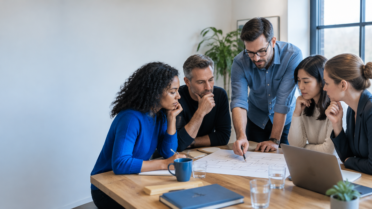 Coworkers examining a recurring team problem together in a meeting