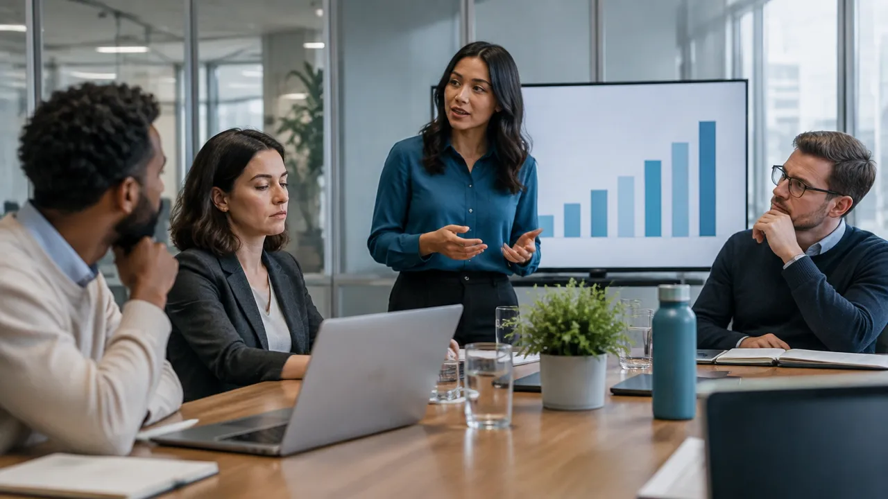 Coworkers in a meeting show subtle competitive tension as one person presents and another withholds acknowledgment.
